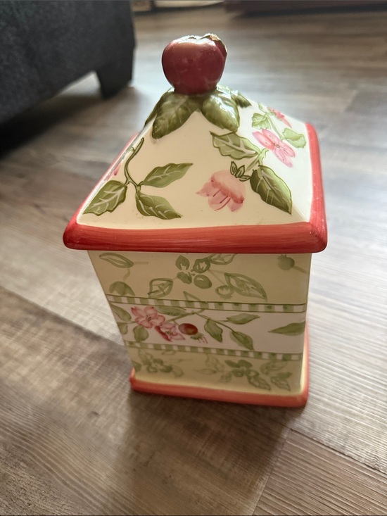 Capriware Other - Botanical Ceramic Canister with Red Accent and Apple Finial